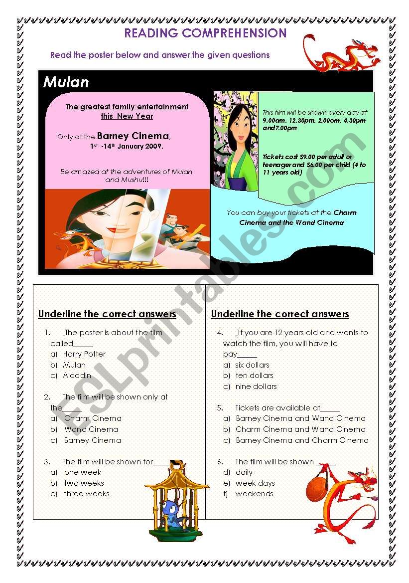 READING COMPREHENSION worksheet