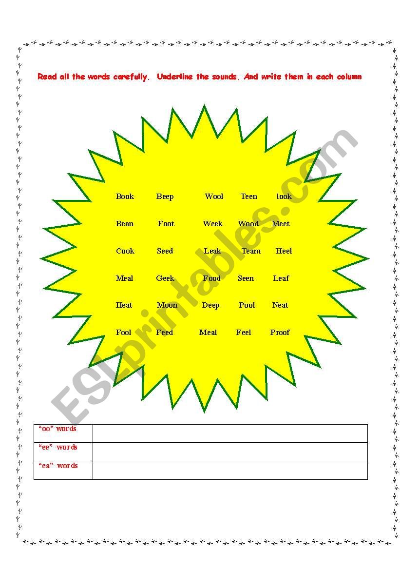 Vowels ee oo ea worksheet