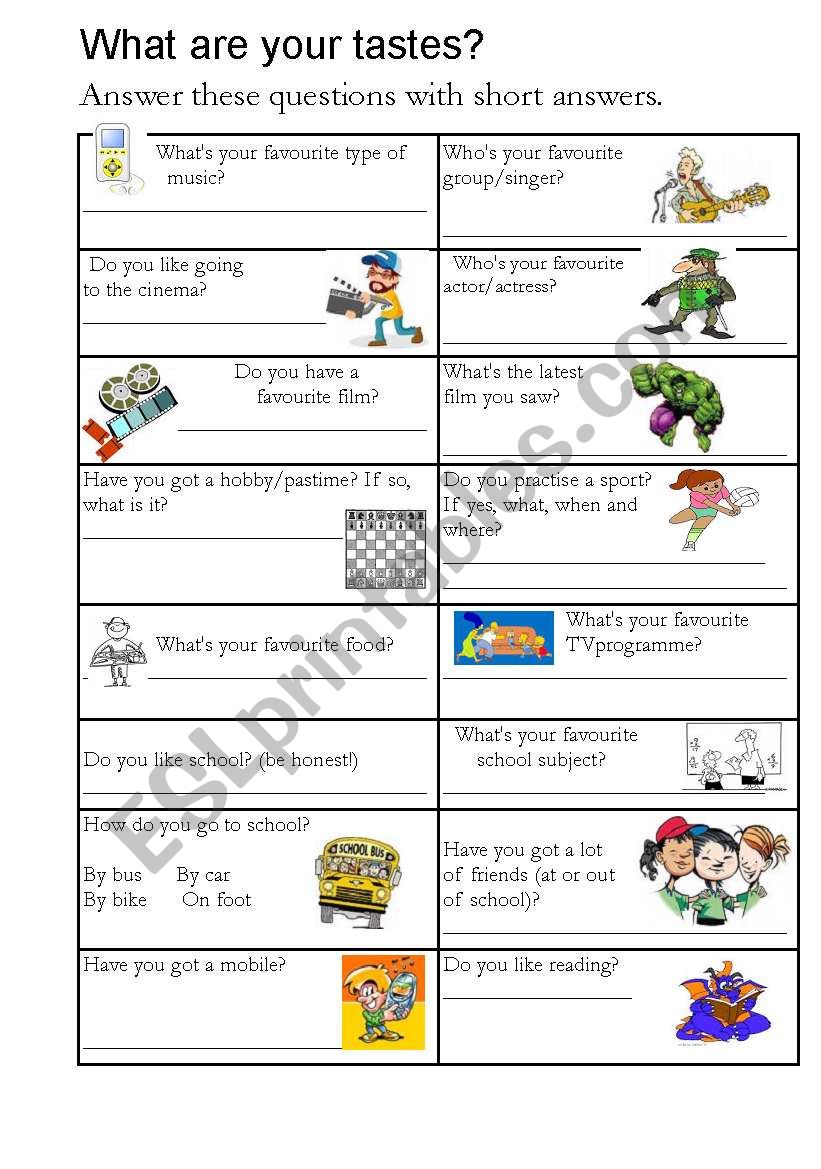 What are your tastes? worksheet