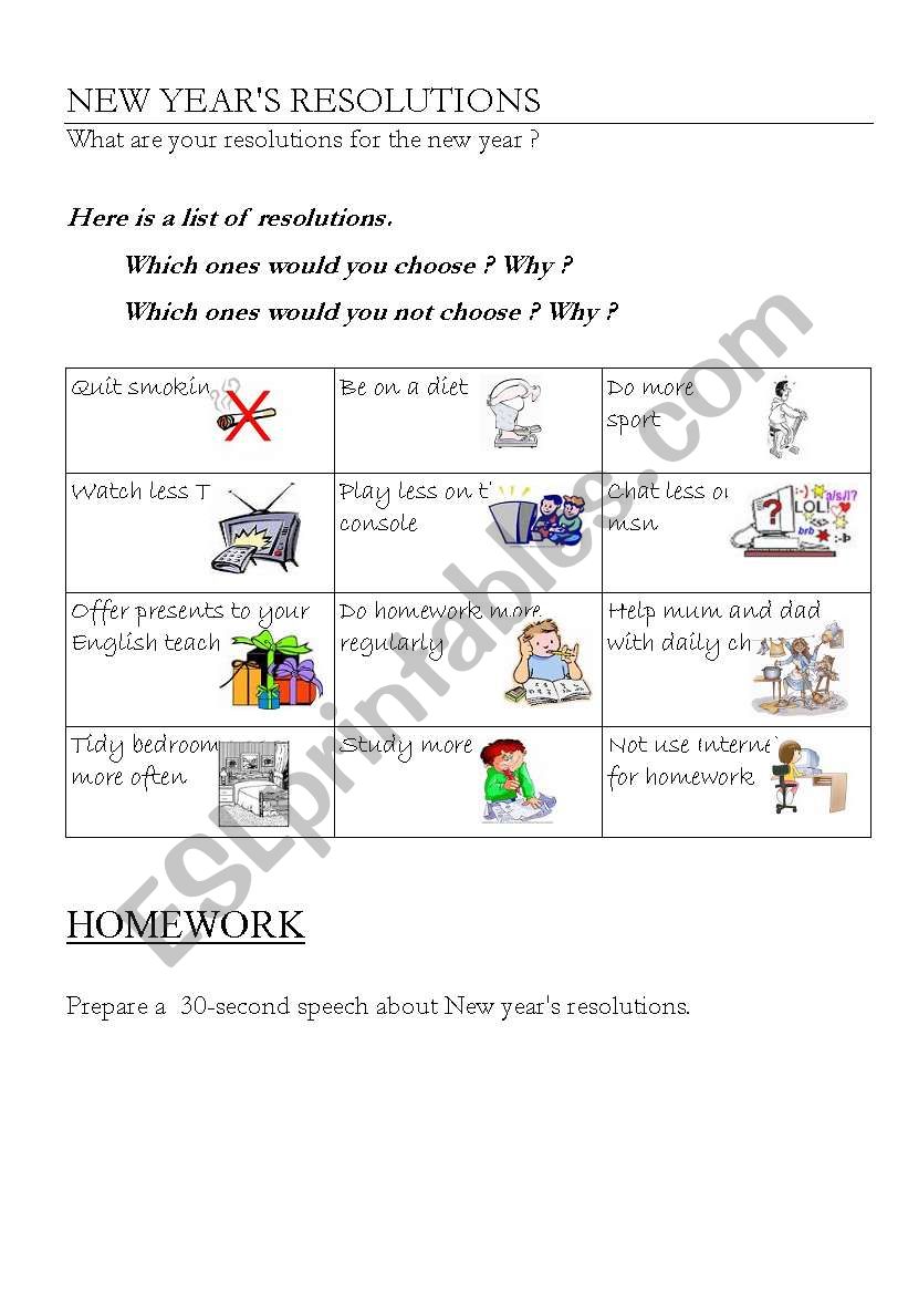 New Years resolutions worksheet