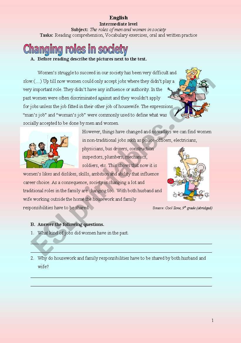 Changing roles in society worksheet