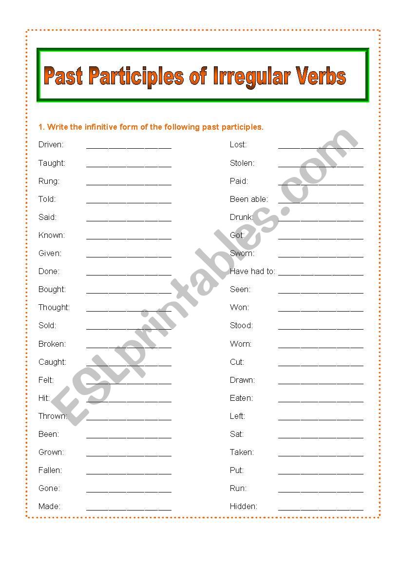Irregular Verbs: Past Participle forms - ESL worksheet by cbarghini