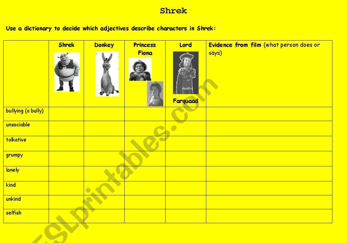 Shrek Adjective Picture Grid worksheet