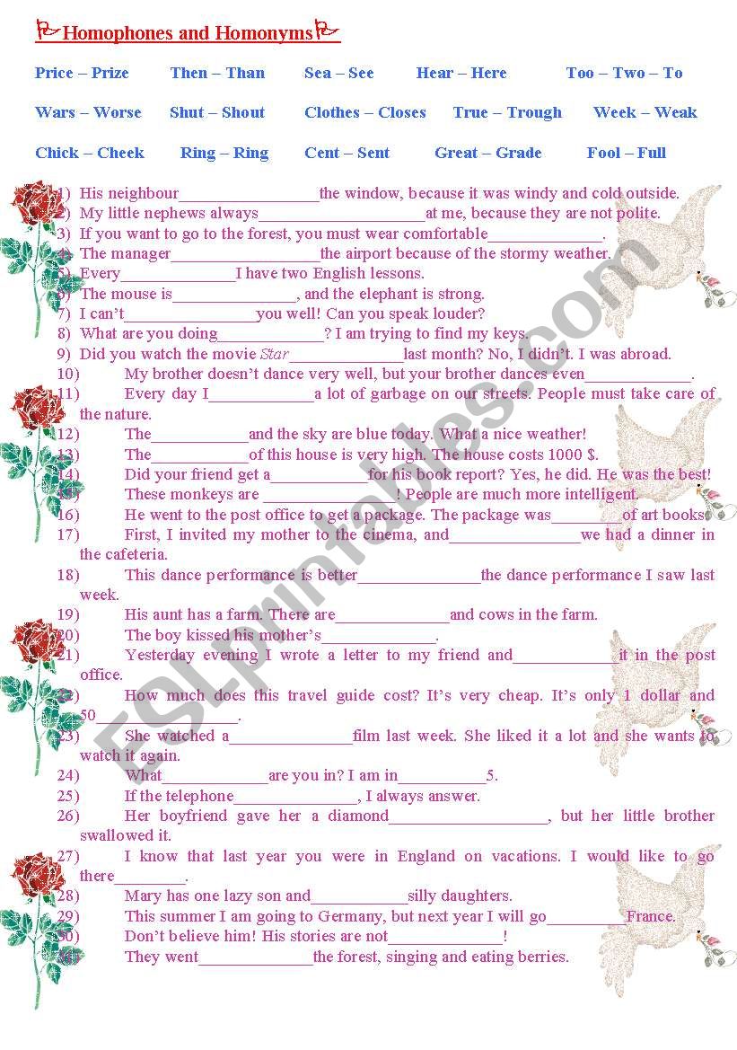 Homophones and homonyms worksheet