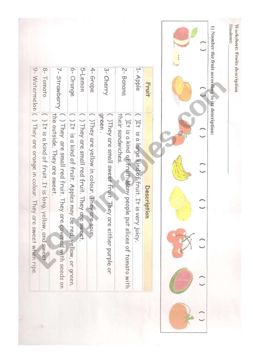 description fruits worksheet