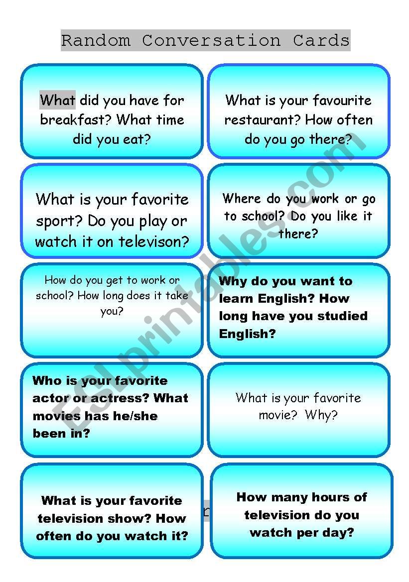 40 Random Conversation cards for students to use.