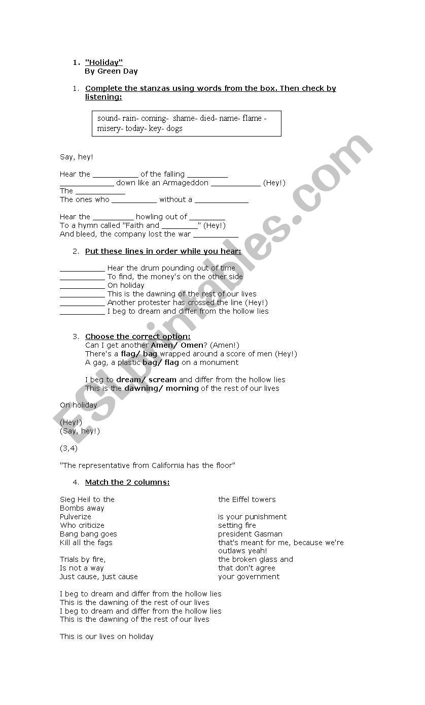 Holiday by Greenday worksheet