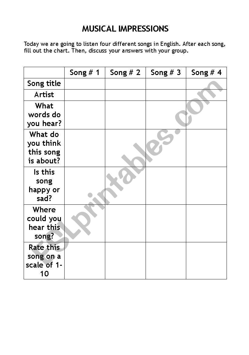 music chart worksheet