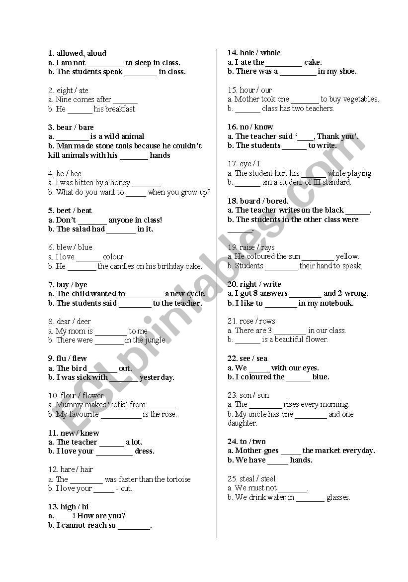 Homonyms worksheet