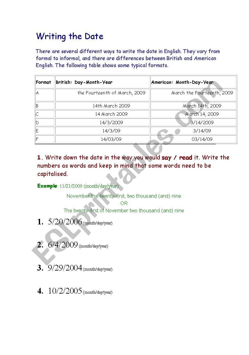 WRITING THE DATE worksheet