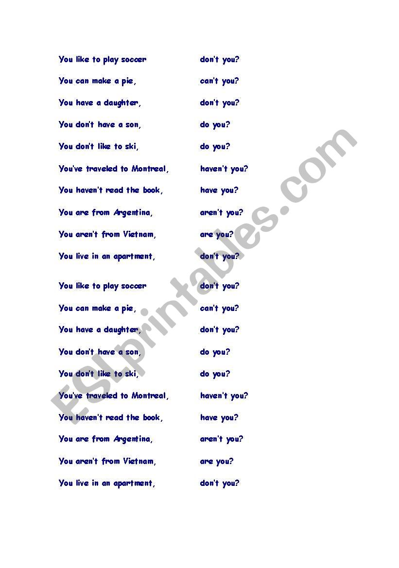 Tag Question Sentence Strips worksheet