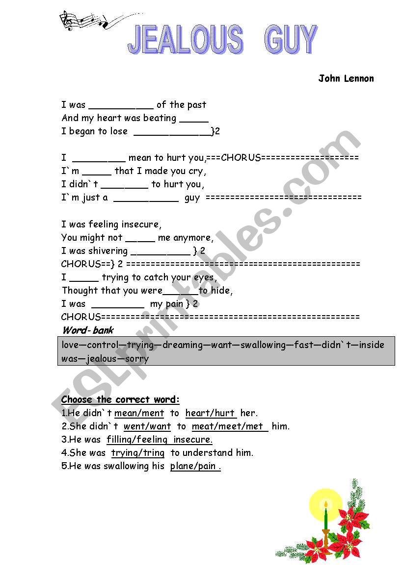 Jealous Guy worksheet