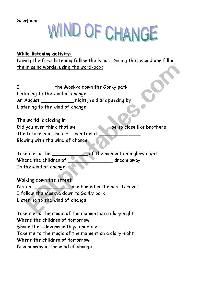 Wind of change worksheet