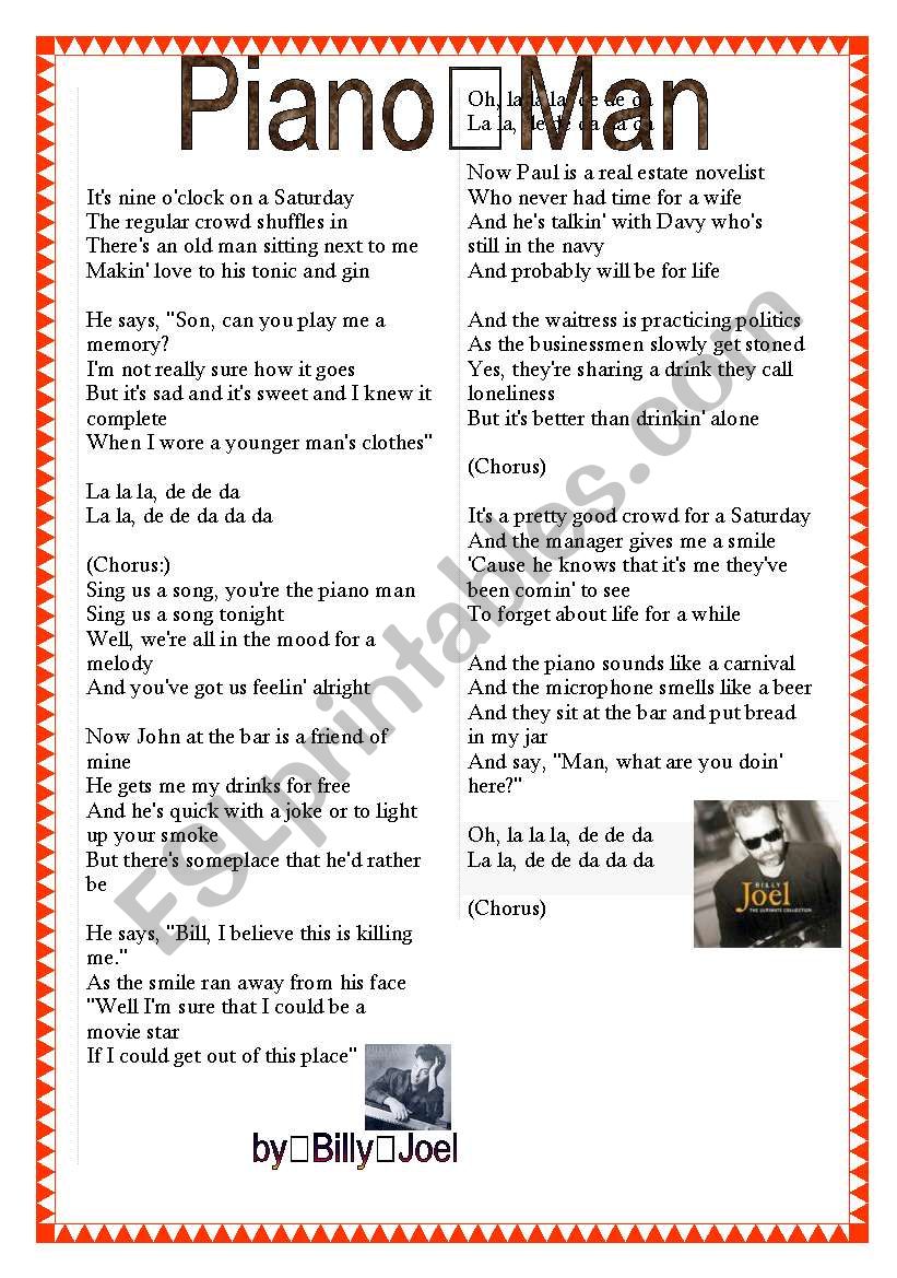 libertad cantante Línea del sitio English worksheets: Piano Man (Billy Joel) lyrics