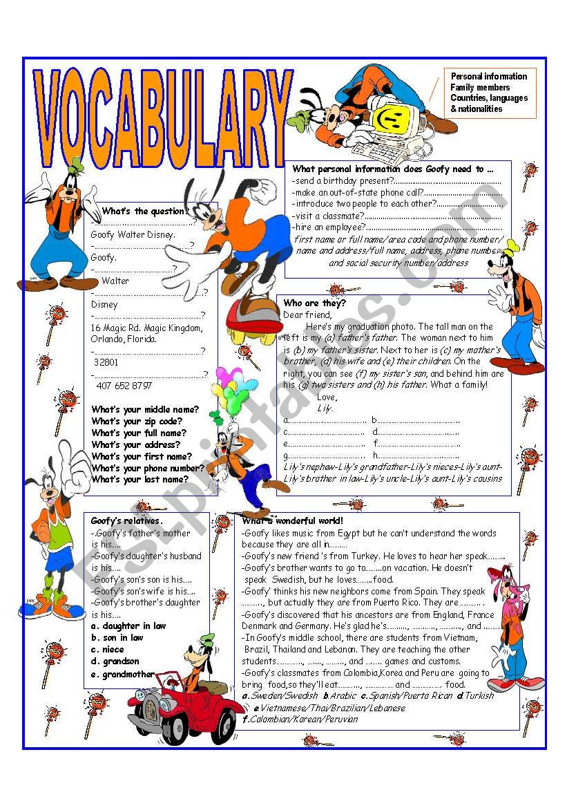 RECYCLING VOCABULARY- TOPIC: PERSONAL INFORMATION - FAMILY MEMBERS - COUNTRIES - LANGUAGES  & NATIONALITIES. Elementary and up.