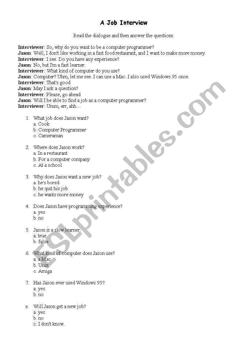 A Job Interview worksheet