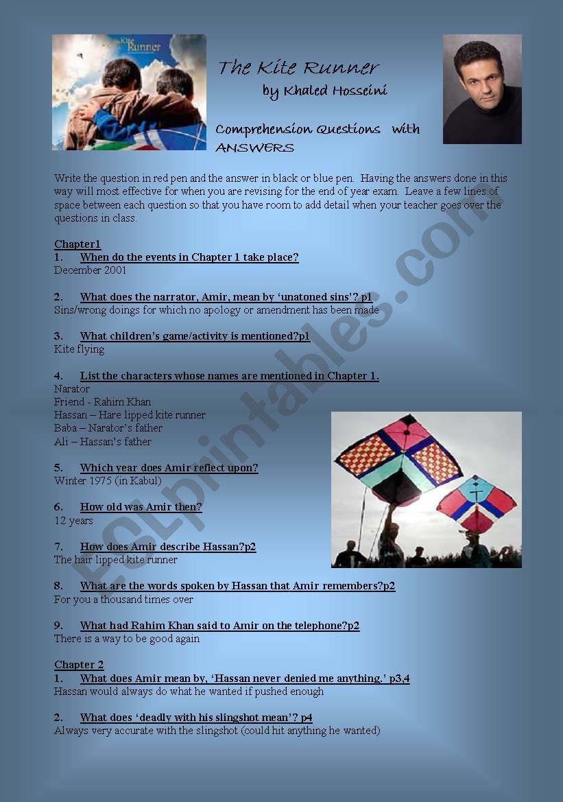 The Kite Runner - (( 4 pages )) - Comprehension Questions with Answers 