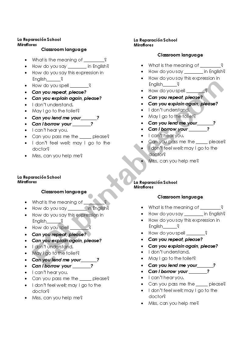 classroom language worksheet