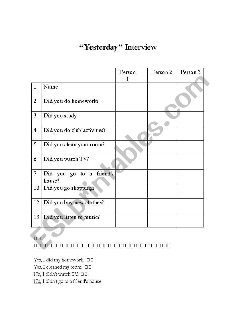 Yesterday Interview worksheet