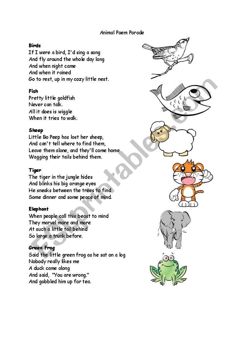 Animal Poem Parade - ESL worksheet by thekakapo