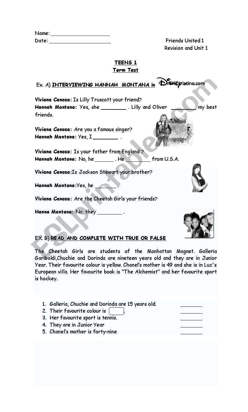 Test of Hannah Montana worksheet