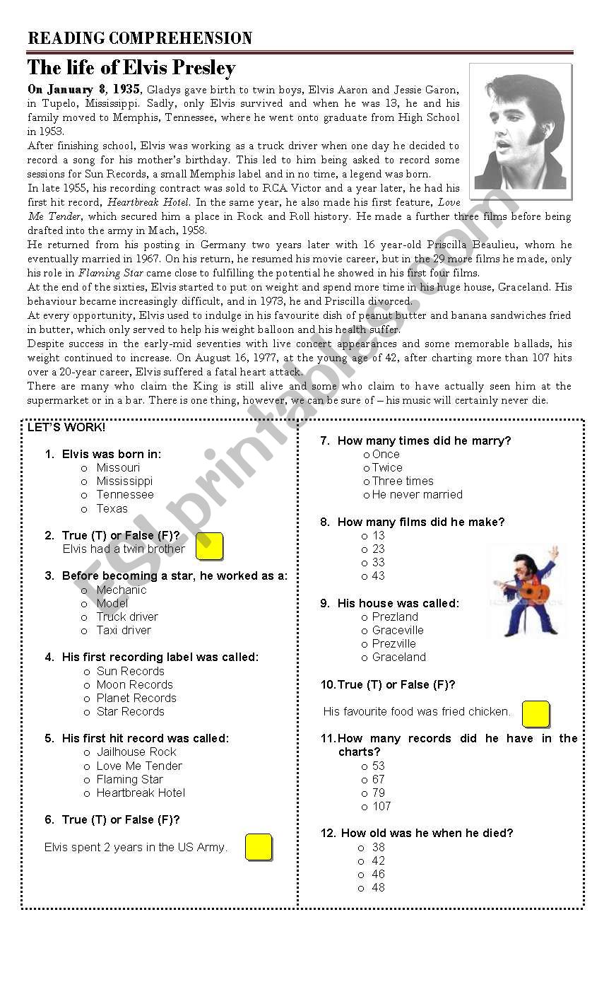 READING COMPREHENSION worksheet