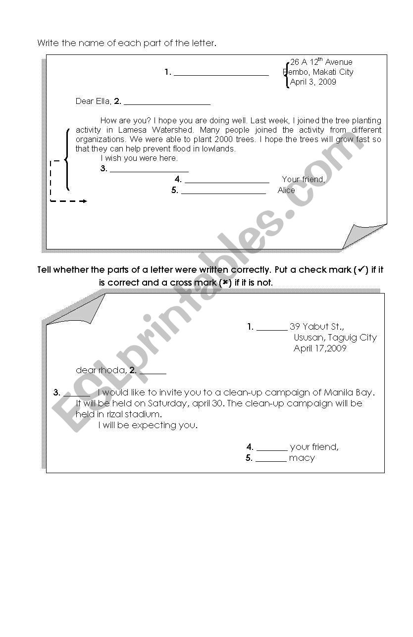 Parts of a letter worksheet