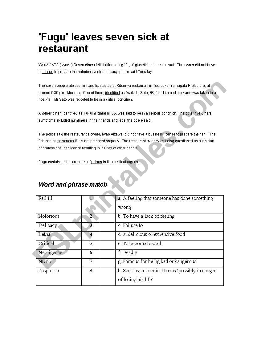 Pufferfish poisoning worksheet