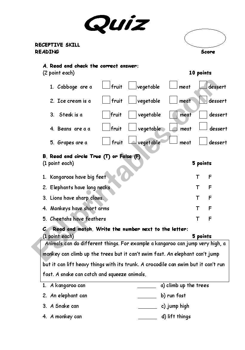 Quiz ( reading and writing)  worksheet