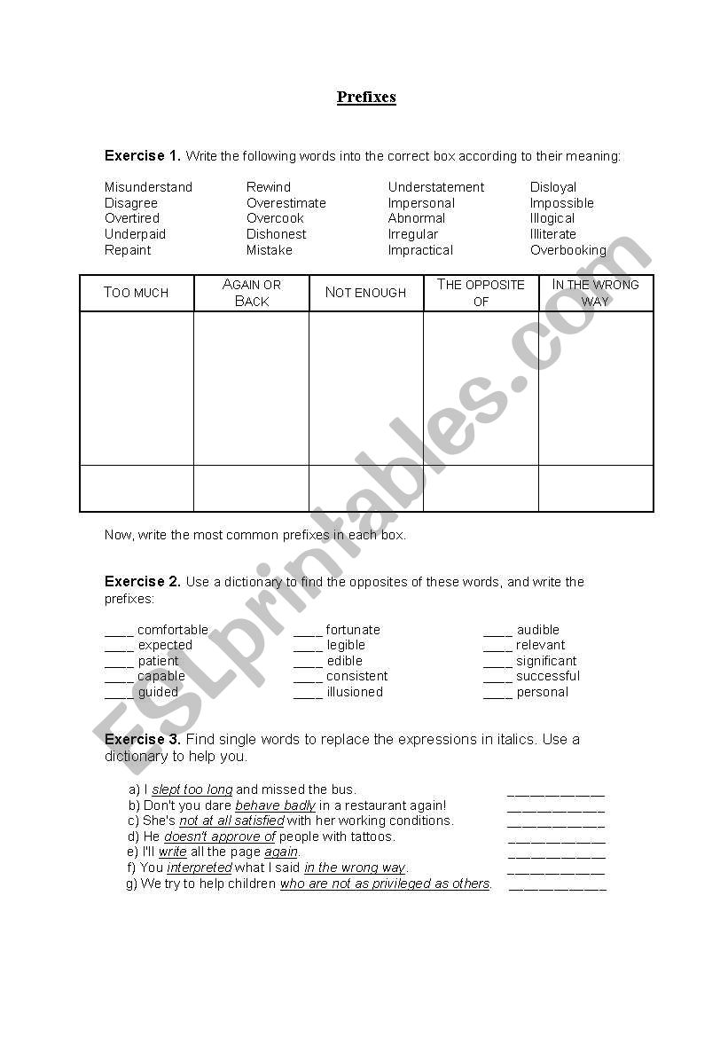 Prefixes worksheet