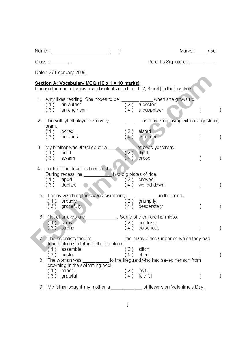 English Test worksheet