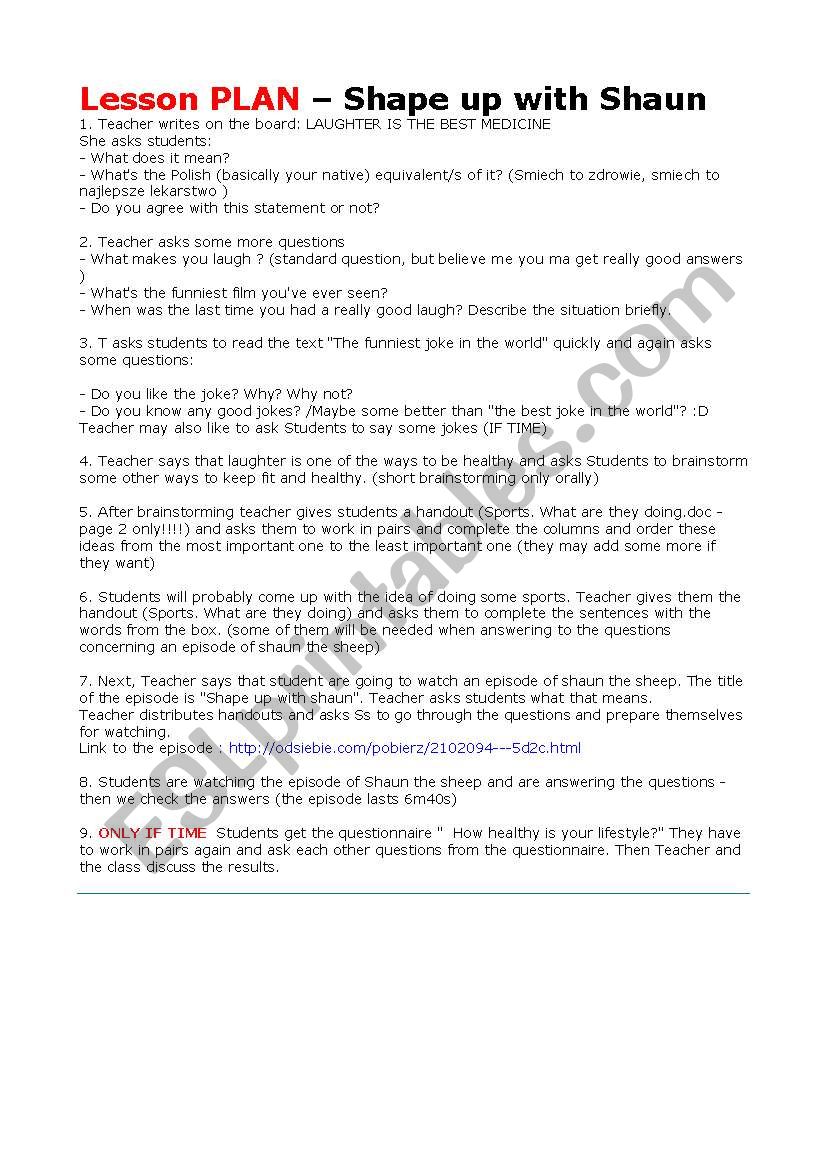 Shape up with Shaun lesson plan (part 1/2) 2 PAGES!!!