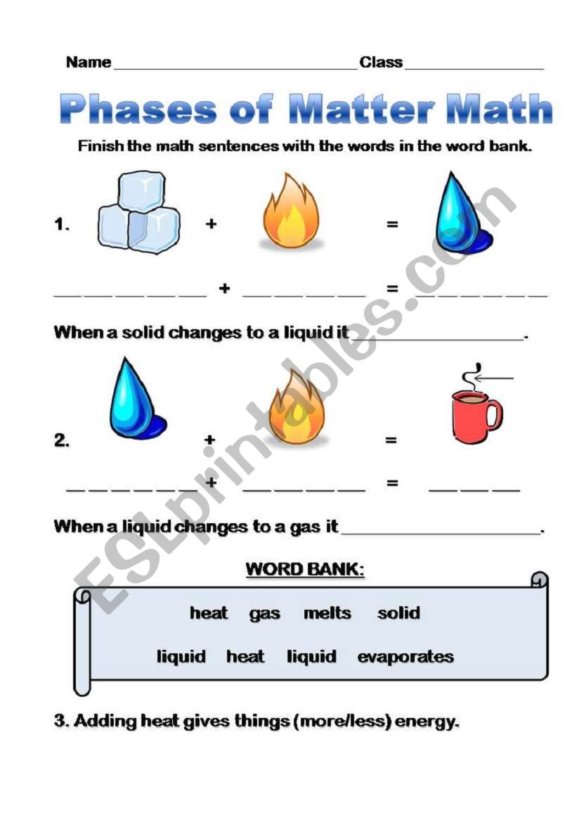 Phases/States of Matter Math Sentences - ESL worksheet by With Regard To States Of Matter Worksheet Pdf