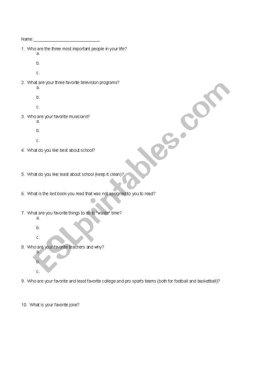 Ice Breaker for the First Day worksheet