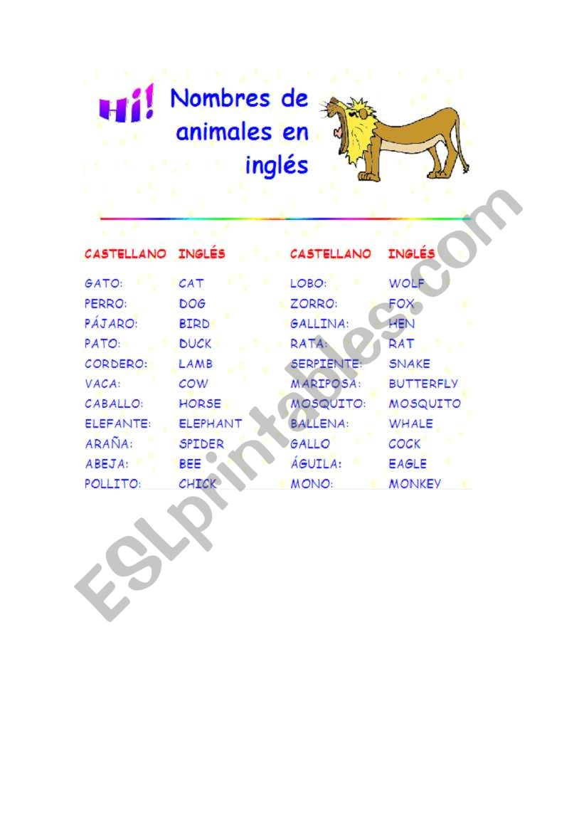 ANIMALES EN INLES worksheet