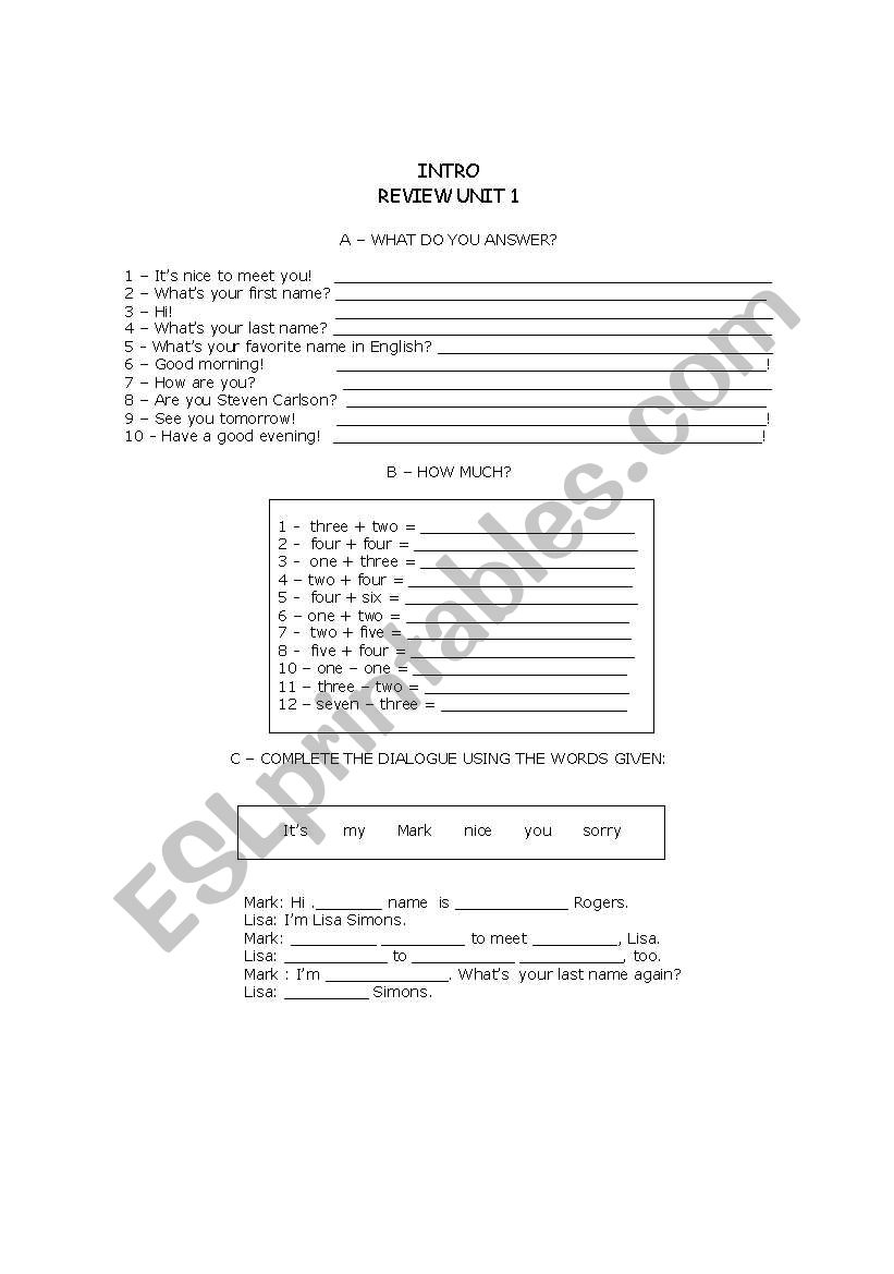 INTRO UNIT 1 - REVIEW EXERCISES