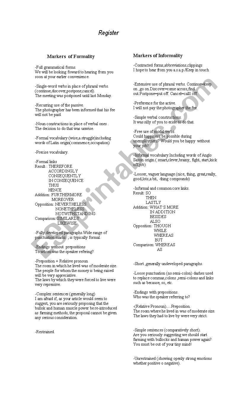 Formal -Informal Register worksheet