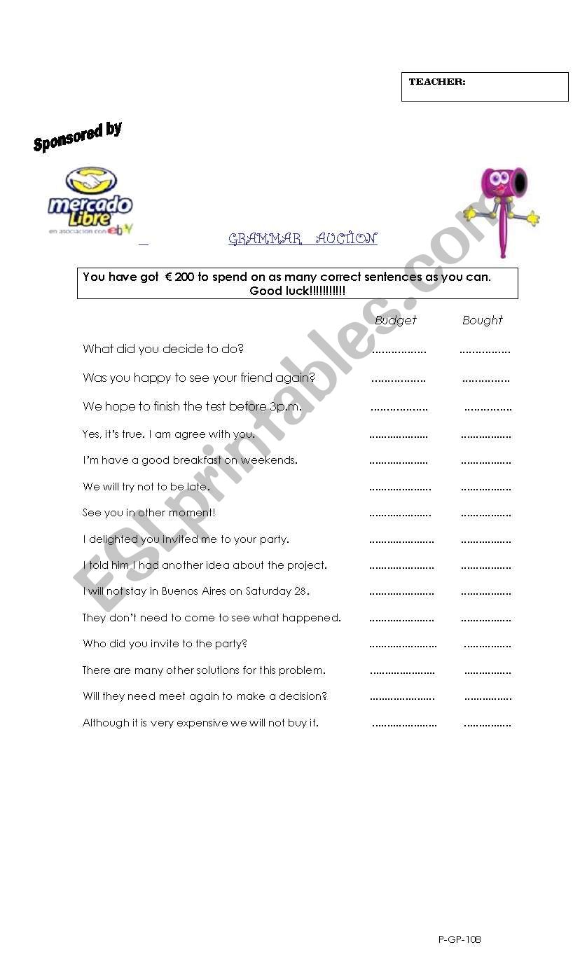 Grammar Auction (Game)! worksheet