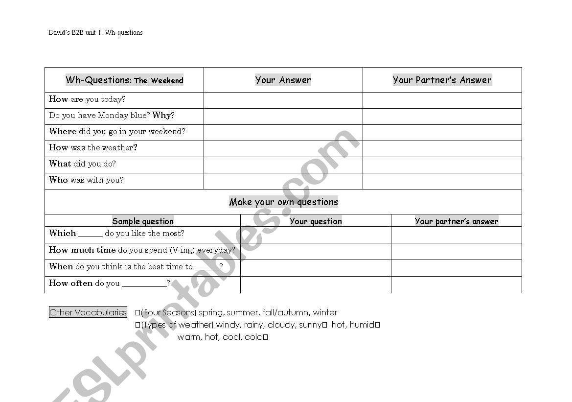 WH-questions Bingo worksheet