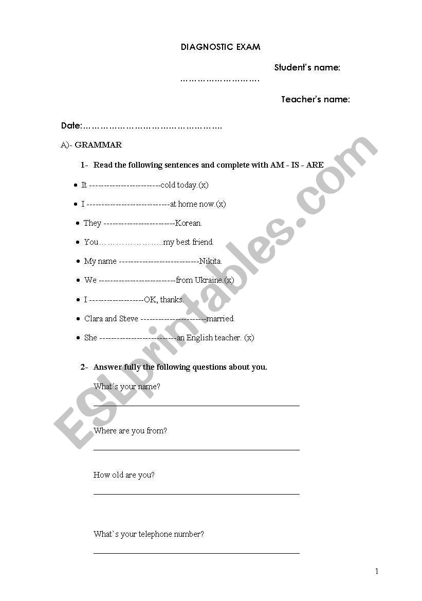 exam worksheet