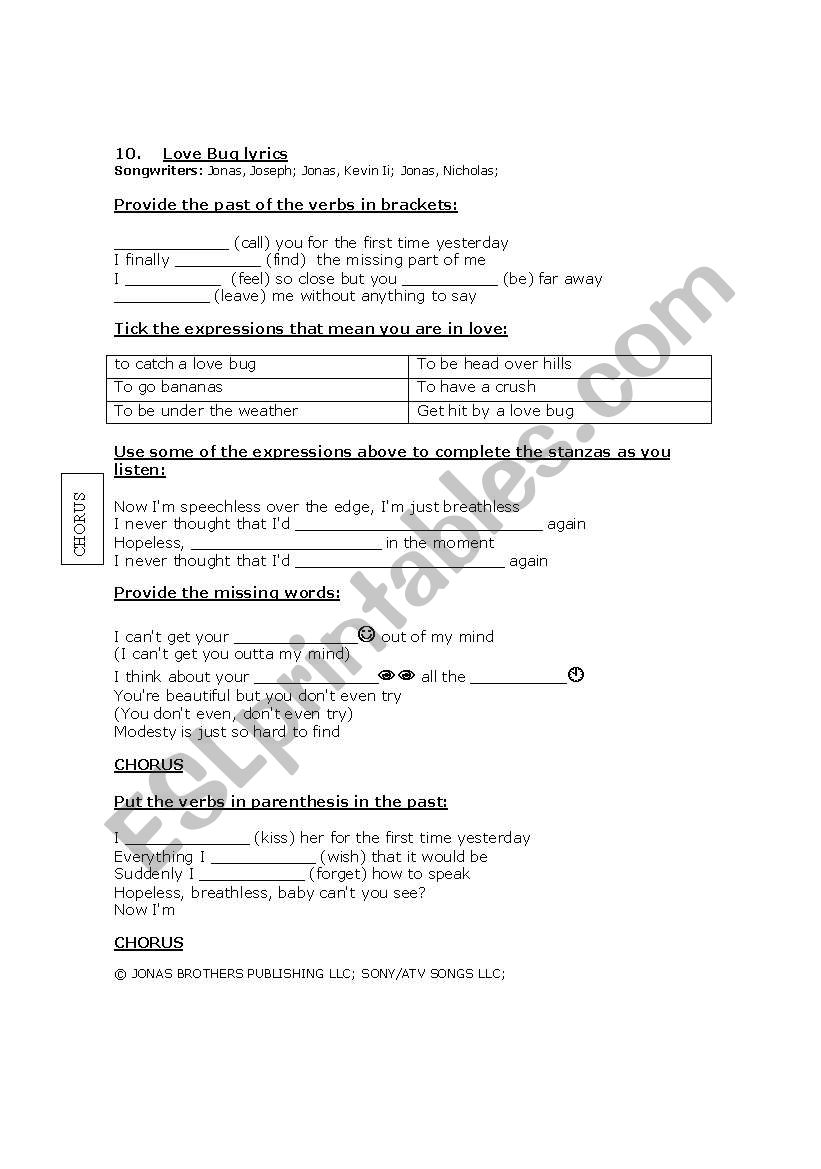 Love bug by Jonas Brothers worksheet