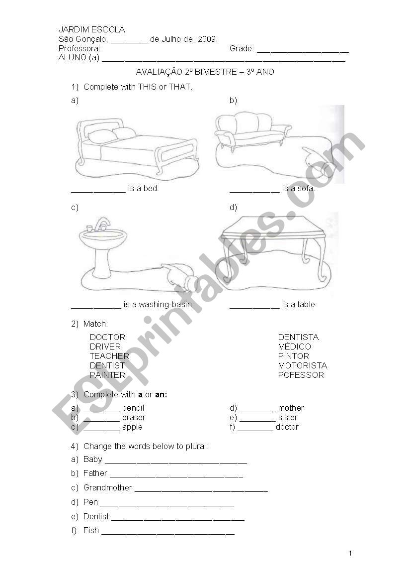test - 3 ano do ensino fundamental - this/that, a/an, jobs and plural