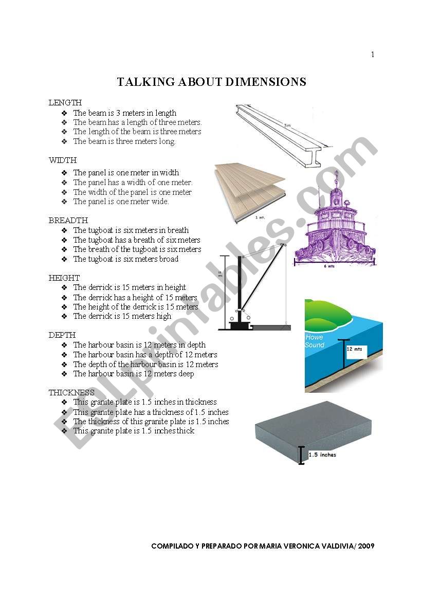 TALKING ABOUT DIMENSIONS worksheet