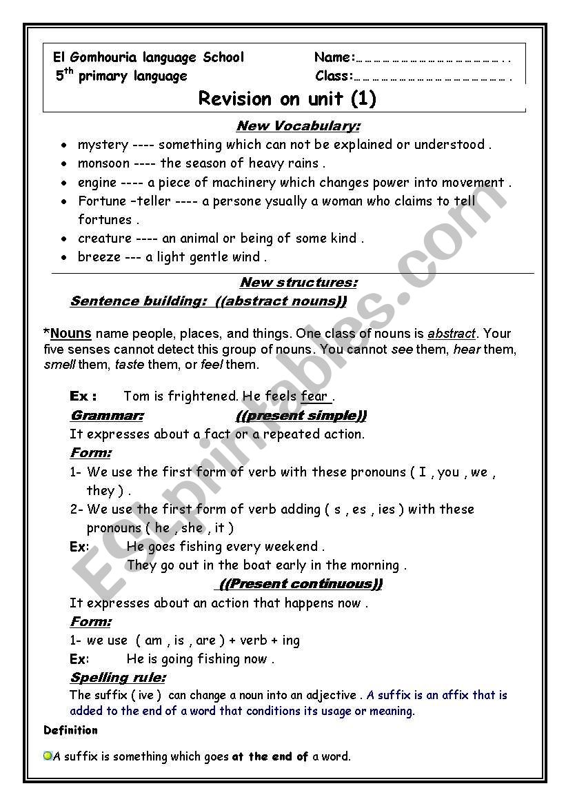 revision sheet unit 1 for macmillan grade 5 