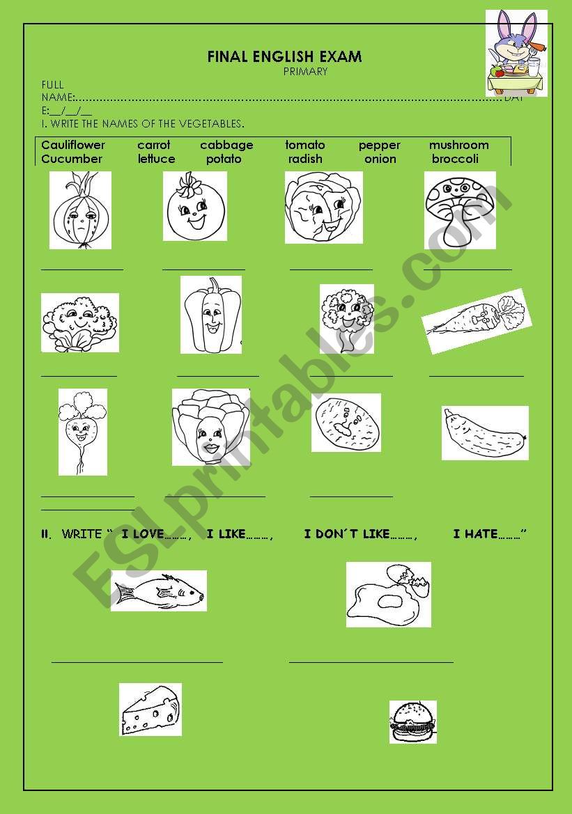 vegatables worksheet