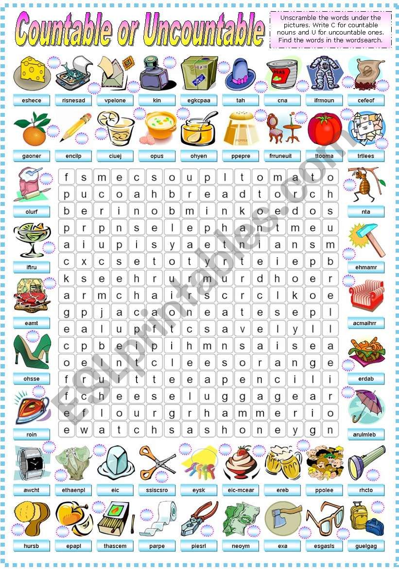 COUNTABLE OR UNCOUNTABLE -WORDSEARCH (B&W VERSION INCLUDED)