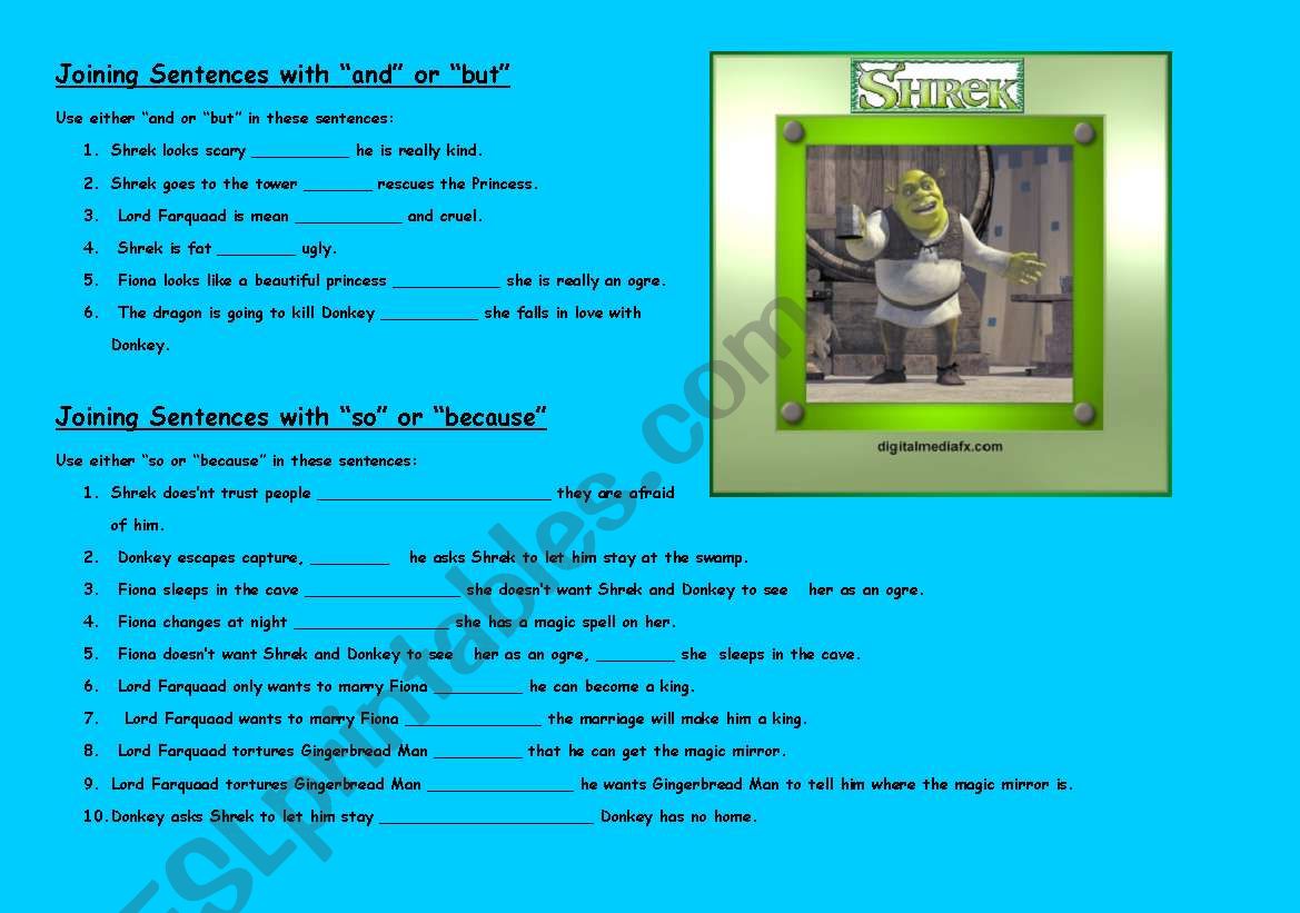 Shrek - (( 5 pages )) - Joining Sentences/Conjunctions/Linking Words/Making Paragraphs - elementary/intermediate - editable