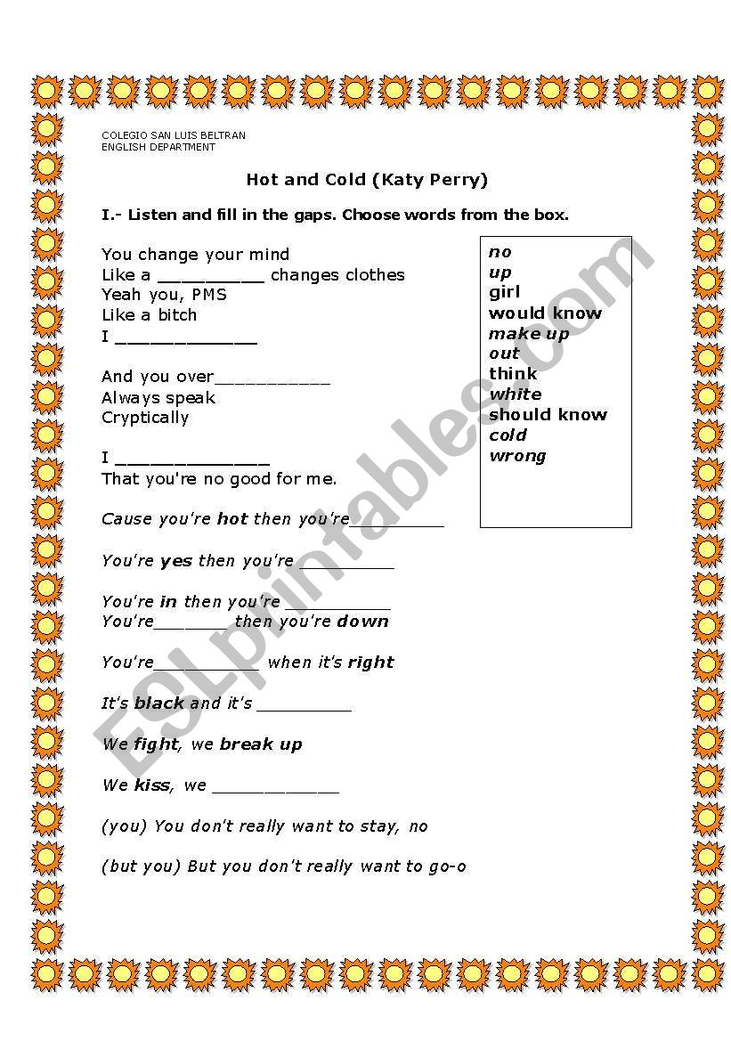 hot and cold  worksheet