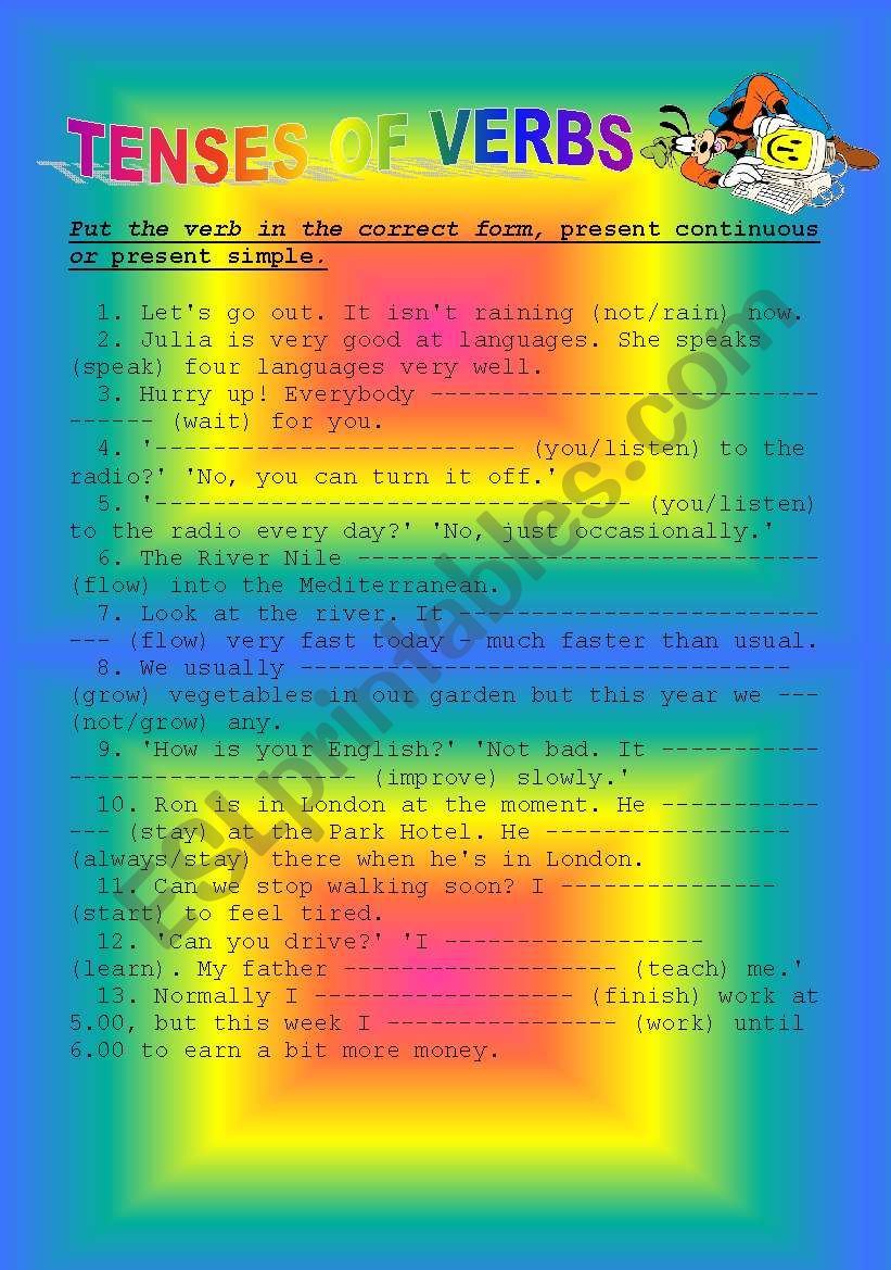 Tenses of verbs worksheet