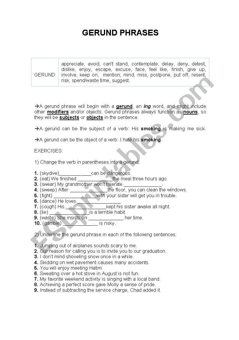 Gerund Phrases worksheet